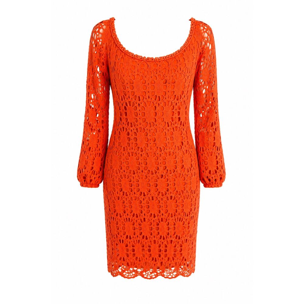 Trina Turk Orange Crochet Lace Shift Dress Size 8 | Bell Sleeve | Lined Resort